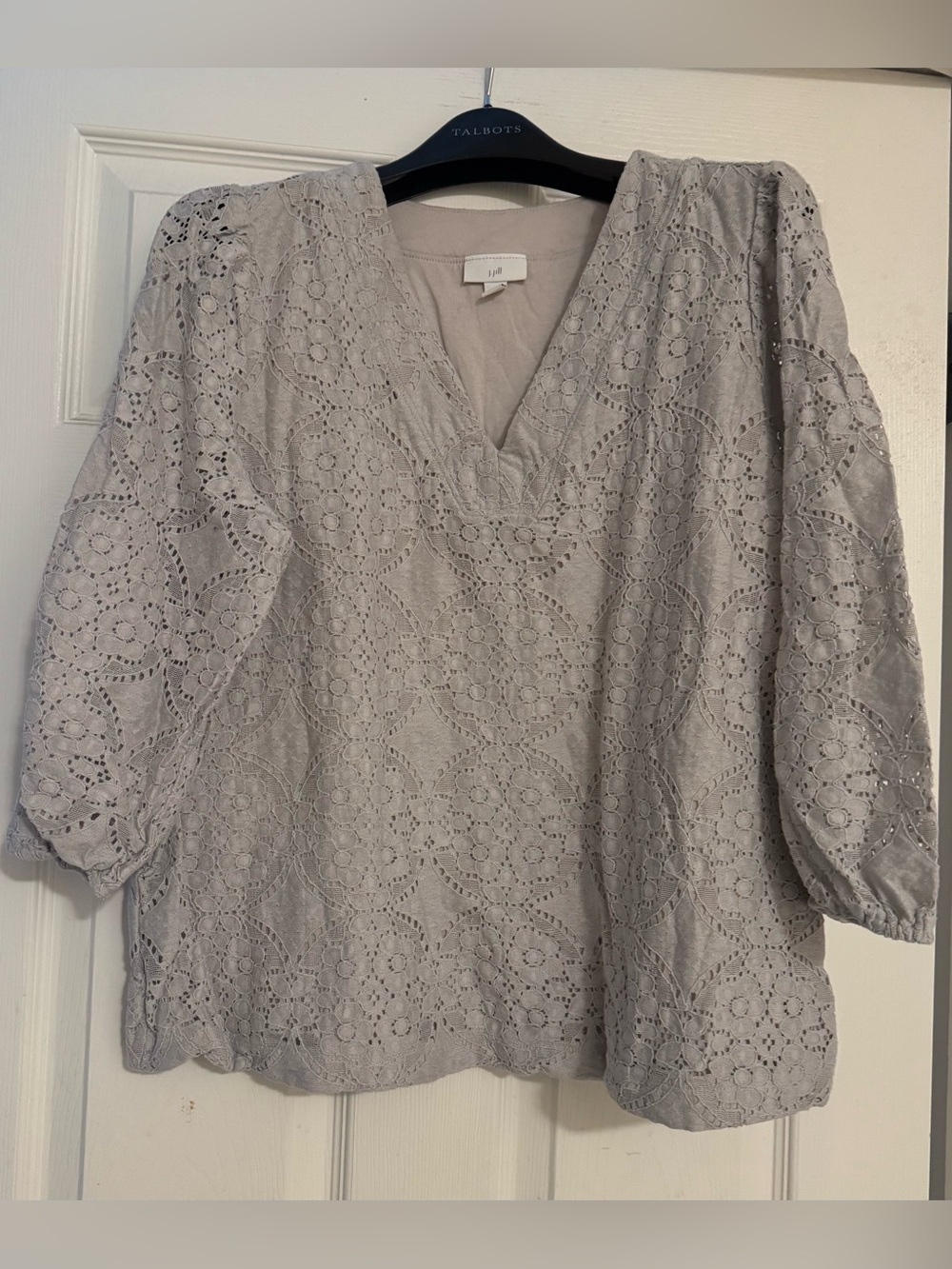 J. Jill Light Gray Eyelet V-Neck Blouse